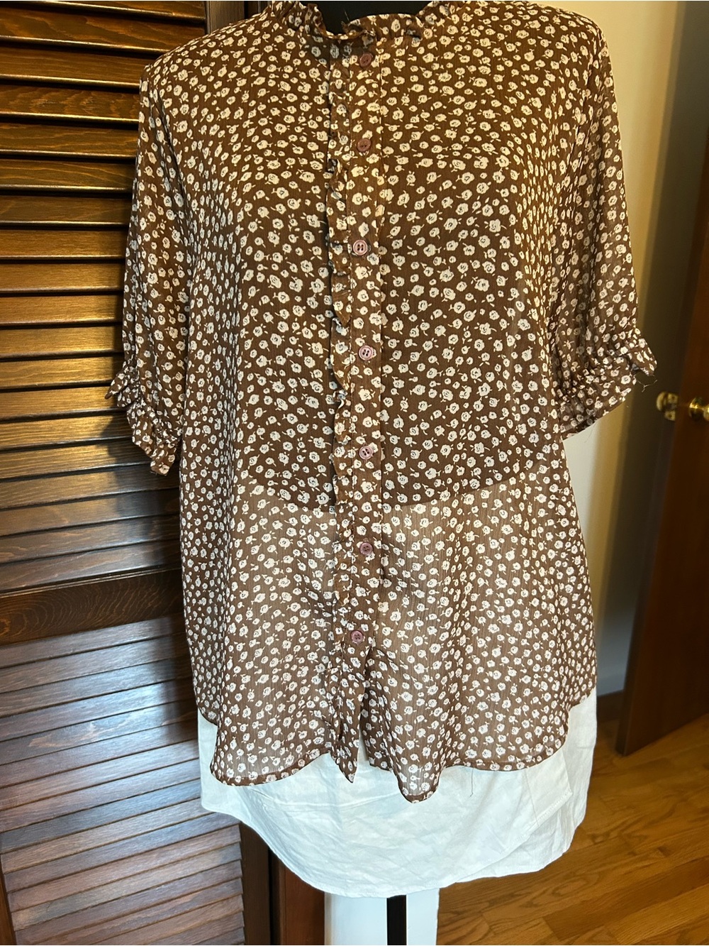 Sheer Brown Floral Button-Front Blouse